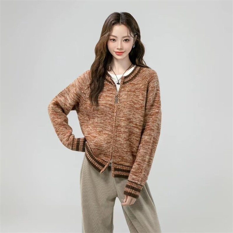 2024年秋季圆领拉链长袖纯色时尚气质开衫，女装针织衫/毛衣，鑫友供货