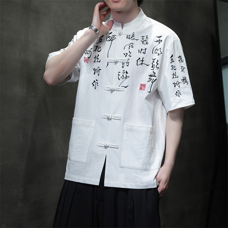 夏季风新中式汉服刺绣开衫立领盘扣衬衫T2881-P65,男装衬衫,电商A021
