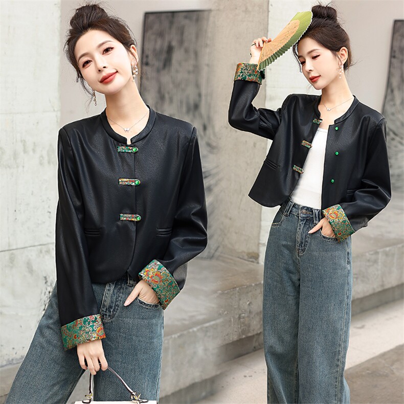 新中式设计感小个子皮衣2025春款新款女装国风复古短款外套上衣女，女装皮衣，天丝秀
