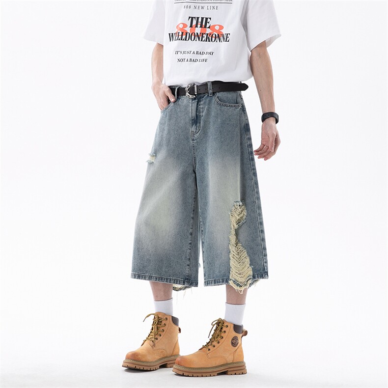 C315-Q7613夏季高质量美式破洞抽纱复古7分牛仔裤(P48X79)1，男装牛仔裤，电商C315