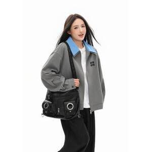 1506/QS10200/P65美式复古撞色拼接刺绣字母翻领休闲百搭夹克图片