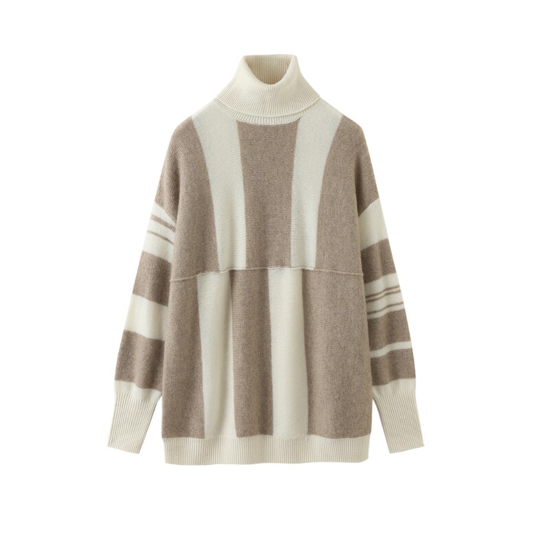 高领条纹拼接羊绒衫女2024年新款秋冬宽松显瘦长袖针织打底衫，女装羊绒衫，温达纯山羊绒