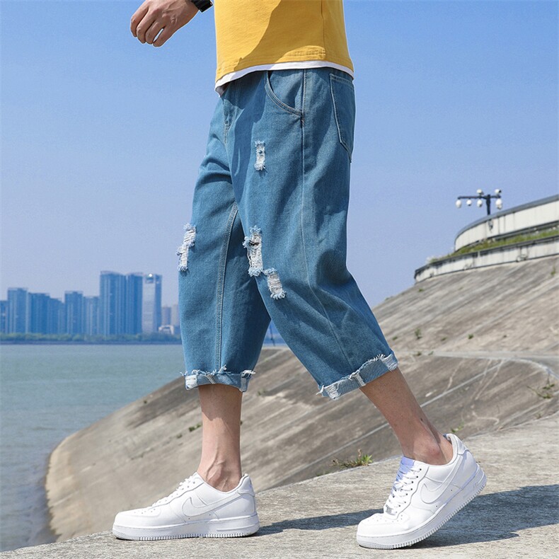 夏季薄款潮牌牛仔裤男韩版潮流直筒中裤宽松破洞七分裤潮8301-P50,男装牛仔裤,电商A318
