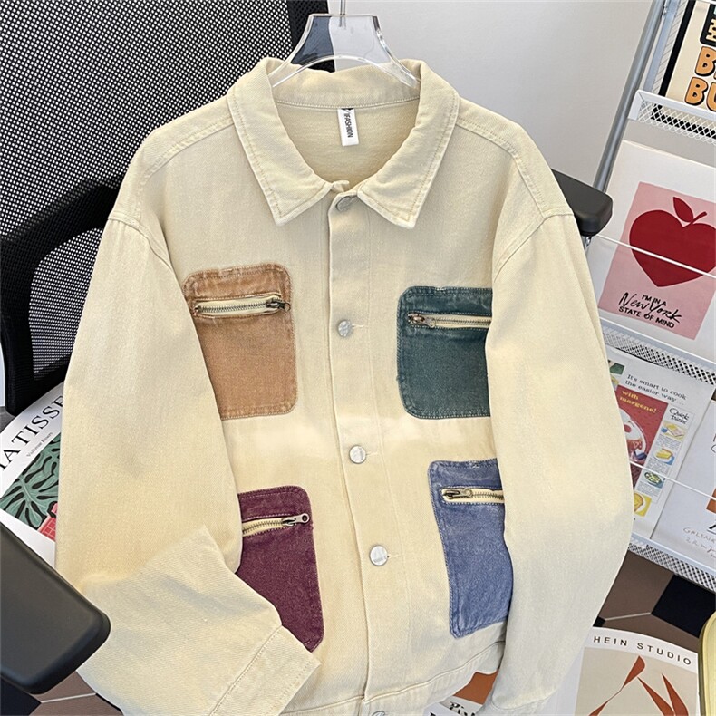 美式复古多口袋牛仔外套男女2024设计感小众宽松百搭夹克上衣潮，男装工装外套，星座410-7