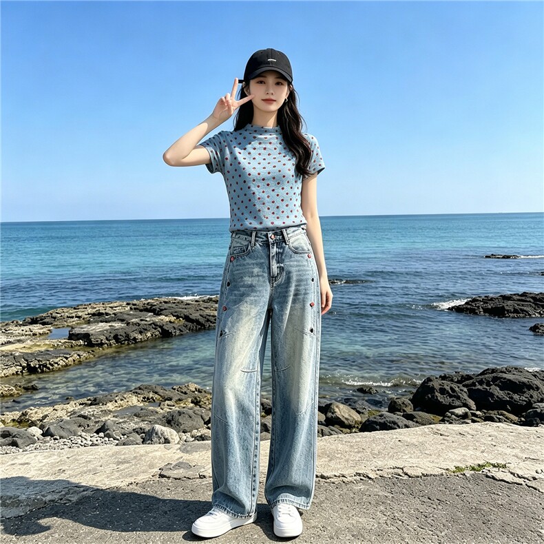 时尚休闲减龄套装女夏季新款波点短袖上衣高腰阔腿牛仔裤两件套潮,女装套装/套裙,江南