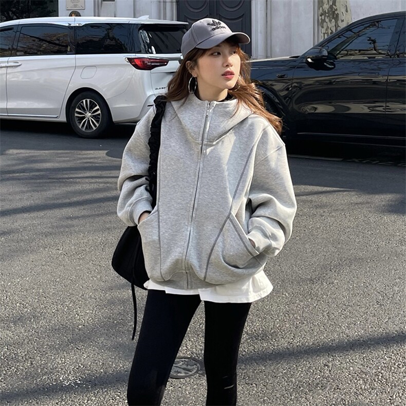 抖音得物高品质秋冬美式高街重磅结构辑明线纹理连帽卫衣外套W111图片