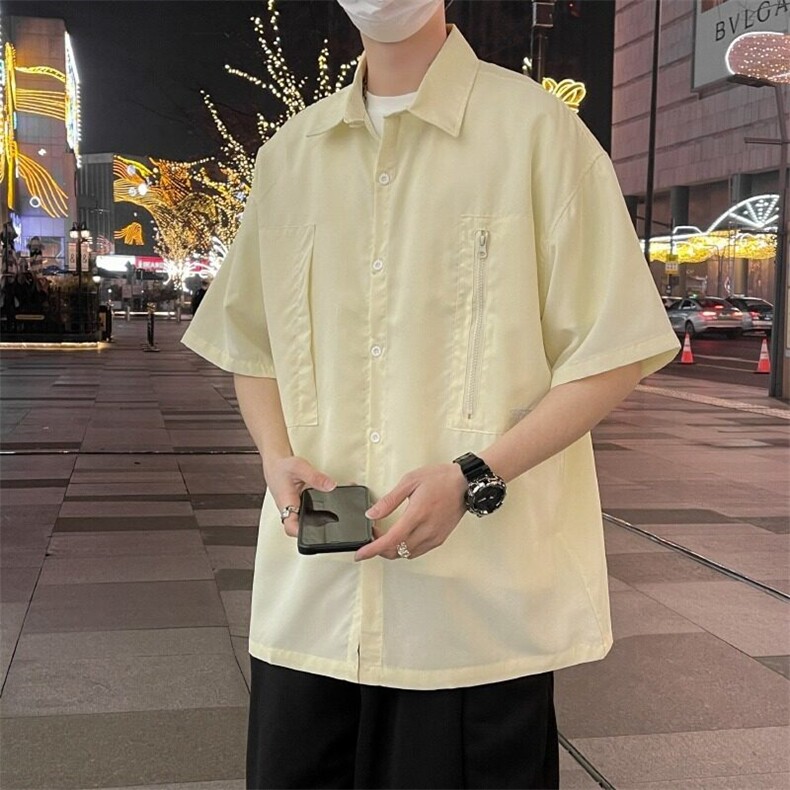 W470-P42日系设计感清新工装拉链短袖衬衫夏季休闲宽松衬衣男女,男装衬衫,星座911-1