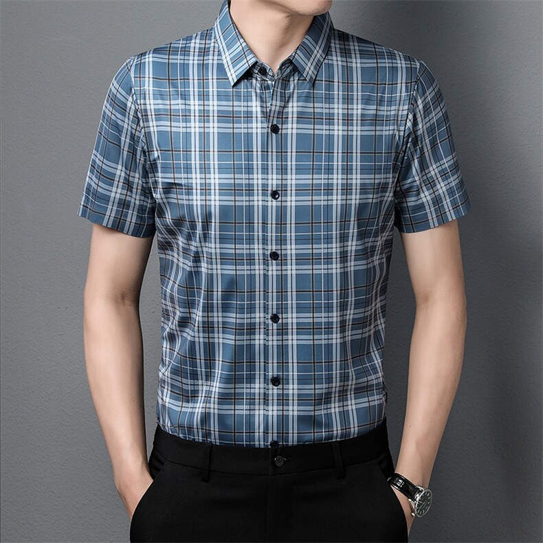 短袖衬衫男纯色衬衣男士商务休闲格子工装夏季新款潮免烫宽松上衣，男装衬衫，电商B212（原钱塘6029）