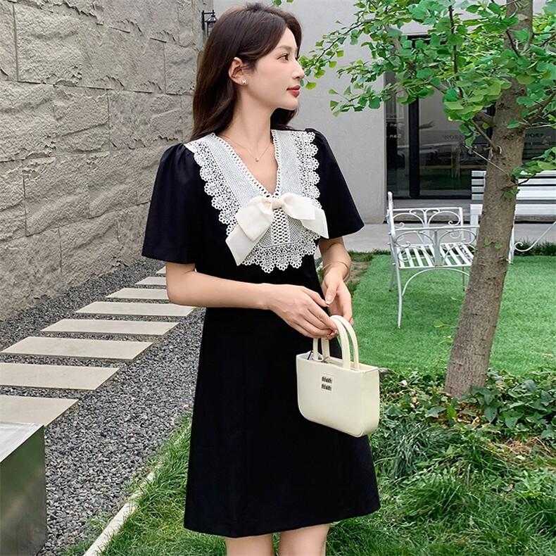 2025年夏季新款v领大花边蝴蝶结气质收腰显瘦时尚连衣裙,女装连衣裙,超帛