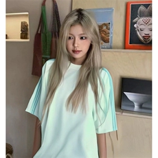 抖音得物品质二开240克宽松纯棉美式潮牌印花三条杠中性风短袖T恤，男装T恤，电商A486