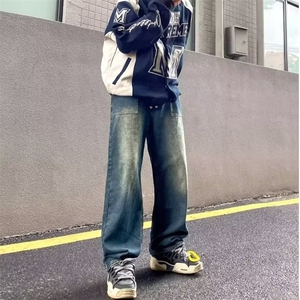 渐变色裤子ins高街潮ins秋冬阔腿牛仔裤男款宽松直筒老爹裤图片