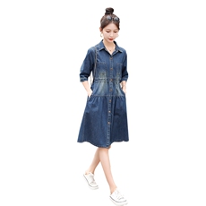 早秋复古牛仔连衣裙女2024年春秋季新款休闲减龄小个子收腰大摆裙，女装连衣裙，秋水欣儿