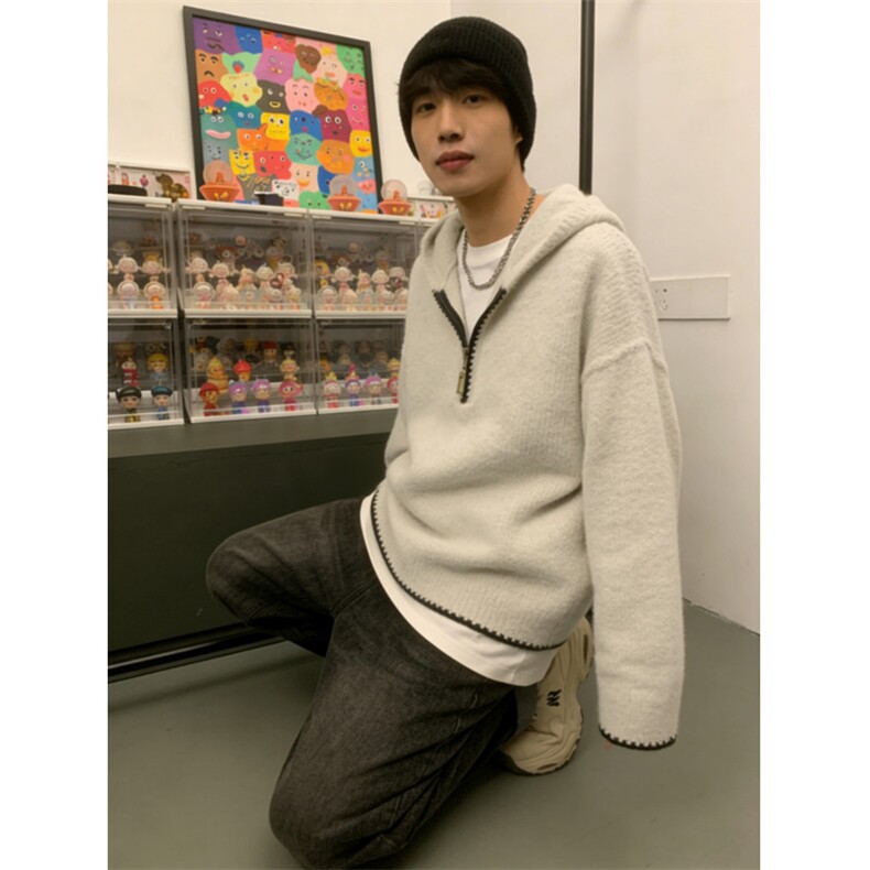 美式半拉链连帽套头针织衫男女同款秋冬外穿慵懒风宽松帽衫毛衣潮,男装针织衫/毛衣,四季星座505