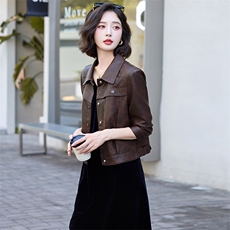 棕色高级感PU皮衣女春秋2025新款复古翻领休闲小个子机车皮外套潮，女装皮衣，魅丽静蓝