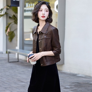 棕色高级感PU皮衣女春秋2025新款复古翻领休闲小个子机车皮外套潮图片