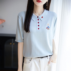 夏季莱赛尔天丝针织五分袖上衣女翻领刺绣纽扣短袖T恤宽松打底衫，女装针织衫/毛衣，郡淞羊绒