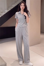 韩版时尚休闲运动套装女夏季新款显瘦气质翻领短袖卫衣长裤两件套，女装套装/套裙，江南