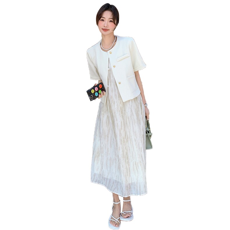 2025夏季女装新款时尚两件套连衣裙杏色短袖外套配晕染印花吊带裙,女装连衣裙,2C233