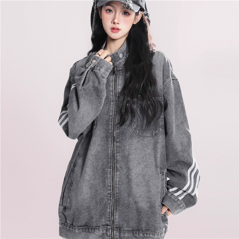 美式复古水洗做旧黑色牛仔外套女春秋新款条纹上衣图片