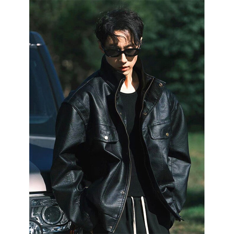 男生外套秋冬款美式复古高级感痞帅PU皮夹克2024夹棉皮衣机车服潮,男装夹克,星座1116A（原606A-3）