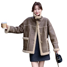 美拉德皮毛一体羊羔毛外套女冬2024新款加绒加厚机车服麂皮绒夹克，女装短外套，2C085