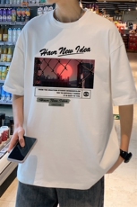 港风纯棉夏季休闲宽松纯色短袖印花T恤男女潮T6048P25控38，男装T恤，电商A268A