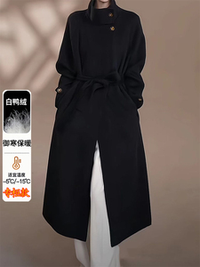 黑色羽绒内胆毛呢外套女长款2025冬季新款时尚加厚赫本风呢子大衣图片