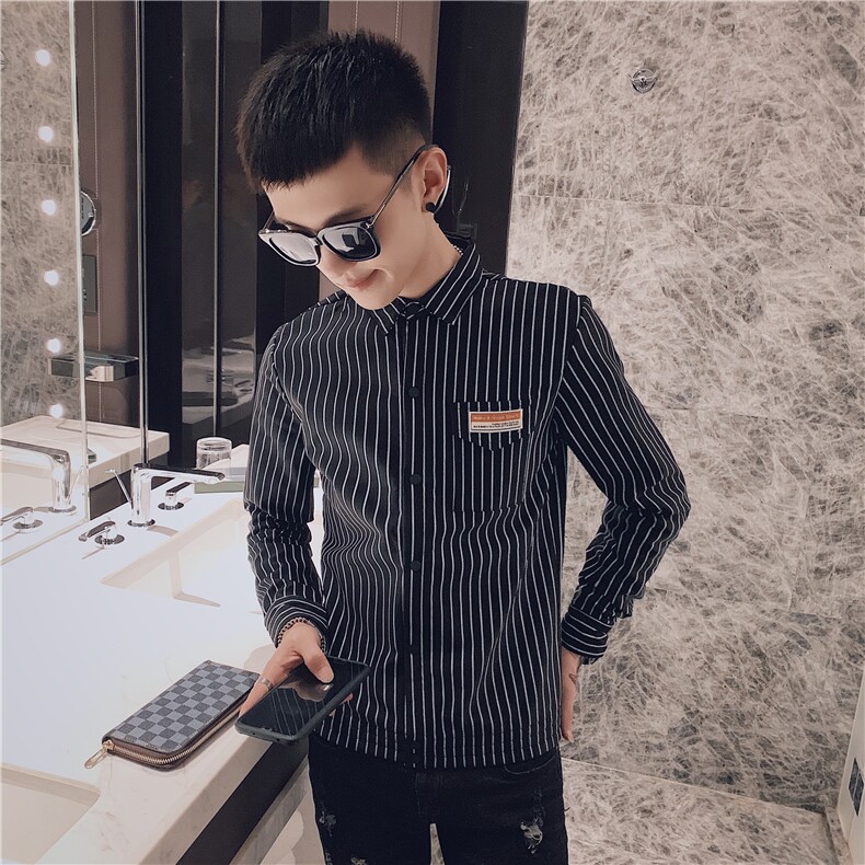 秋季条纹弹力长袖修身衬衫社会小伙帅气潮男衬衣C301B-CS06特,男装衬衫,电商C301B
