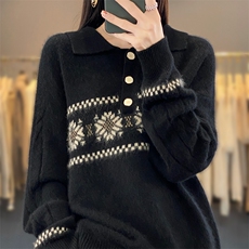 秋冬100%纯羊毛衫女POLO领拼色提花宽松毛衣打底衫加厚羊绒针织衫，女装羊毛衫，朝辰羊绒