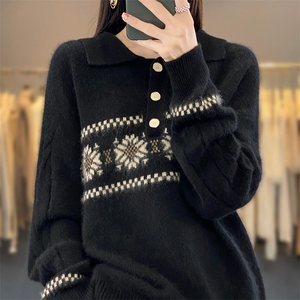 秋冬100%纯羊毛衫女POLO领拼色提花宽松毛衣打底衫加厚羊绒针织衫图片