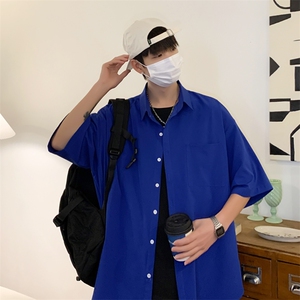 C6042/P35夏款2023新款港风冰丝克莱因蓝衬衣男开衩短袖衬衫控58图片