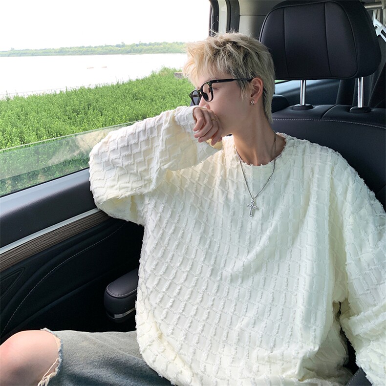 特批P38无差价秋季小香风毛边格子圆领长袖T恤男美式潮上衣T1709图片