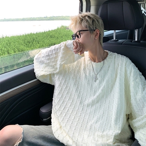 特批P38无差价秋季小香风毛边格子圆领长袖T恤男美式潮上衣T1709图片