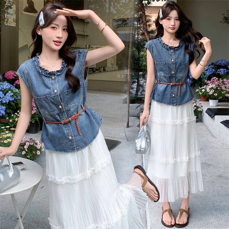2026年夏季新款时尚潮流牛仔上衣配飘逸纱裙两件套裙，女装套装/套裙，超帛