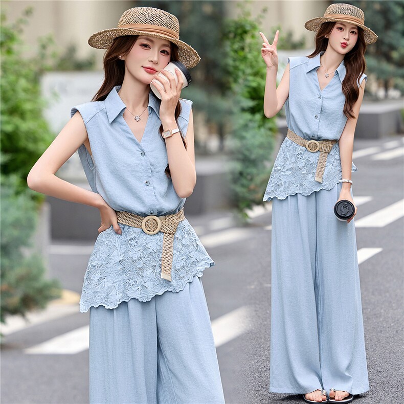 2026年夏季时尚套装轻熟女配腰带阔腿裤两件套装，女装套装/套裙，艾仟回(原伊仟回)