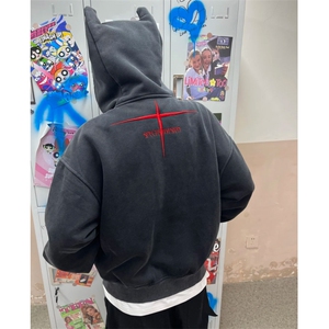 美式水洗做旧连帽开衫卫衣男潮牌十字刺绣宽松设计感休闲拉链外套图片