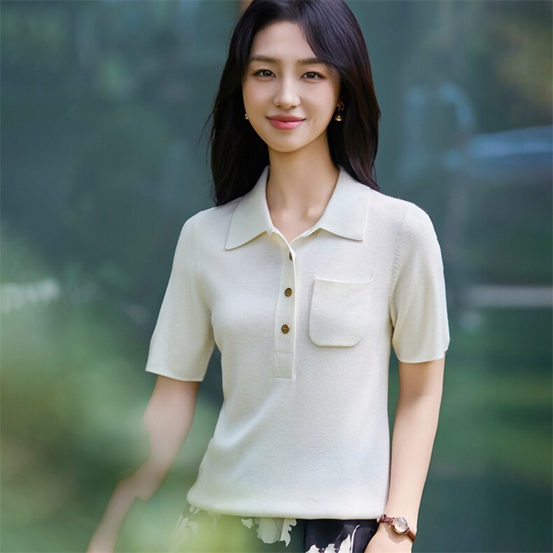 法式polo领精纺毛针织短袖T恤女2025新半袖打底翻领小衫打底上衣，女装针织衫/毛衣，暖烁羊绒