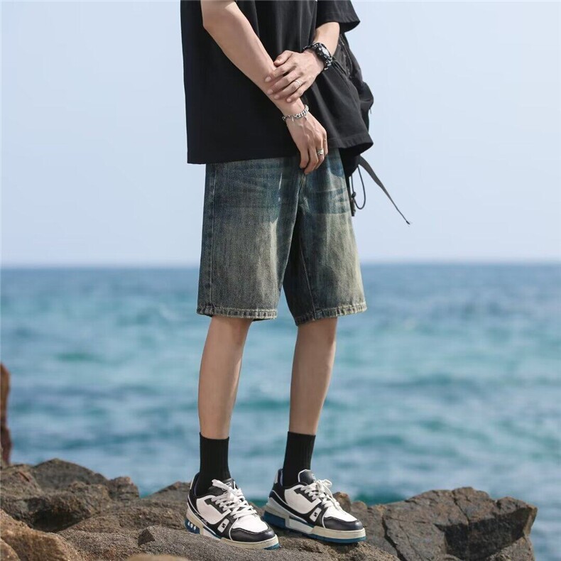 美式高街复古水洗牛仔短裤男直筒宽松大码潮牌vibe港风五分裤夏季,男装牛仔裤,星座601-1