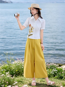 轻熟风时尚小翻领衬衫套装女2026夏气质印花上衣休闲裤两件套图片
