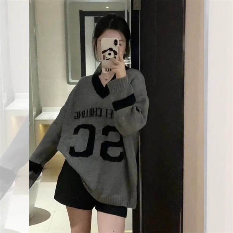 MM114-P65美式复古V领长袖撞色字母针织毛衣24新款宽松休闲上衣潮,男装针织衫/毛衣,星座617A-2