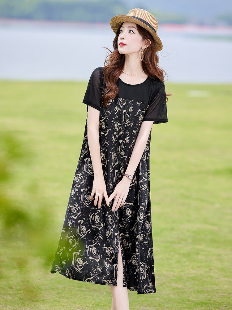 复古印花拼接连衣裙女2025夏新款时尚显瘦宽松休闲慵懒风T恤裙子,女装连衣裙,靓衣阁