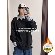 重磅加绒硬挺boxy男女美式高街假两件衬衫领长袖卫衣POLO领打底衫，男装T恤，电商A486-1