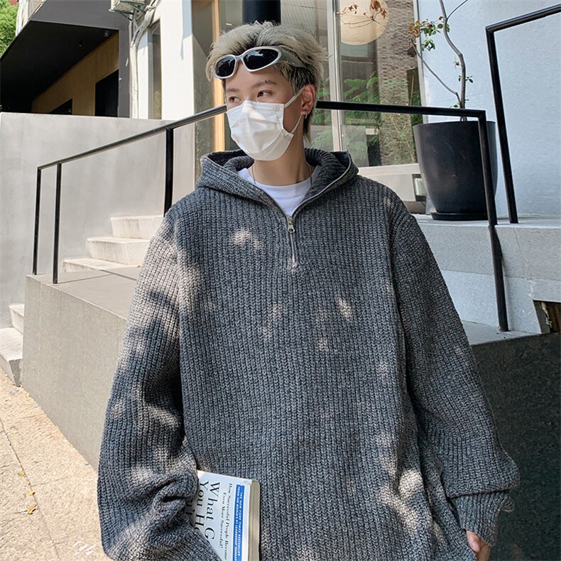 卡其色针织连帽卫衣男半拉链打底衫慵懒风高级感毛衣MF05P55,男装T恤,电商D256