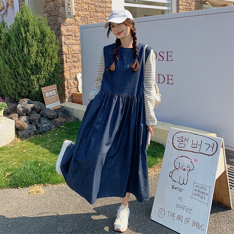 深蓝色韩系休闲连衣裙套装女2025春新款条纹T恤牛仔背心裙两件套图片