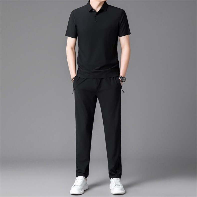 BGW806401夏季男式速干短袖长裤二件套运动休闲翻领修身t恤套装图片