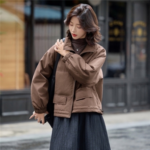 咖色立领夹棉服女短款厚外套秋冬2025新款休闲二棉衣小个子棉袄图片