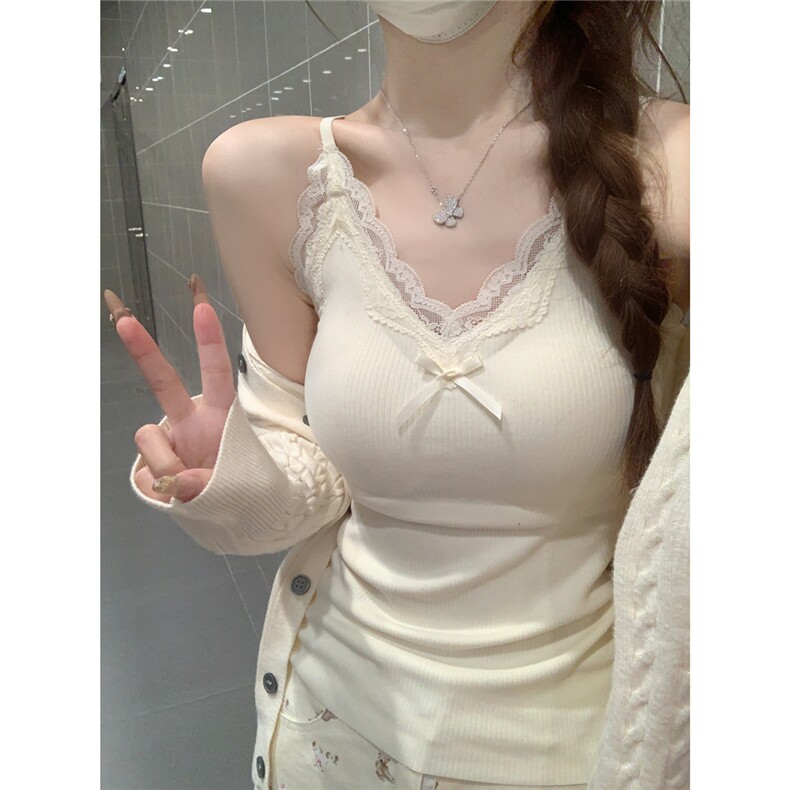早秋韩版v领纯欲蕾丝边带胸垫肩带可调节内搭吊带背心女,女装背心吊带,梦白服饰厂
