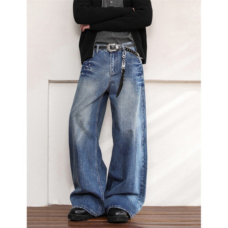 复古蓝水洗弯刀牛仔裤男女美式高街vibe宽松直筒阔腿裤子NZ22，男装牛仔裤，星座1116A（原606A-3）