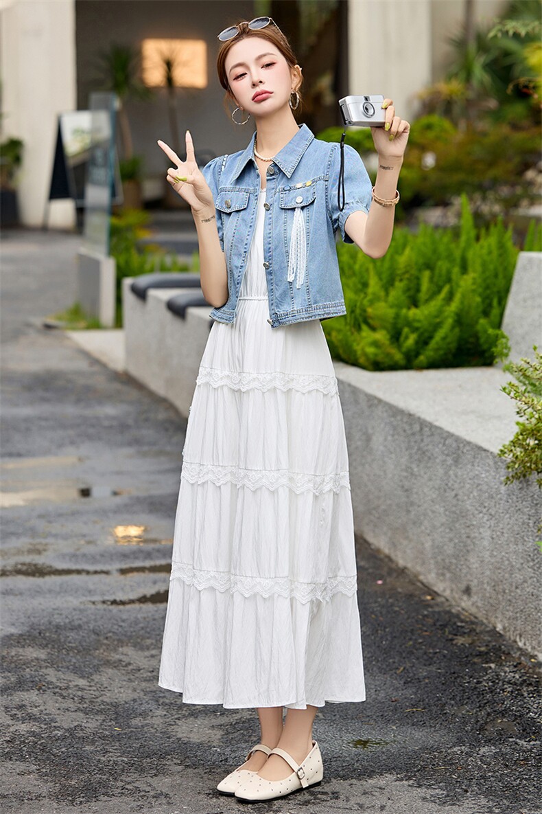 短袖牛仔两件套连衣裙女2025夏季新款外套搭配蕾丝吊带蛋糕裙套装,女装套装/套裙,慕依路