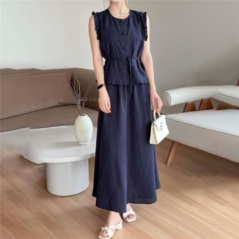 韩系贵气感时尚无袖短上衣休闲两件套亚麻套装女,针织衫/毛衣,雅鹿